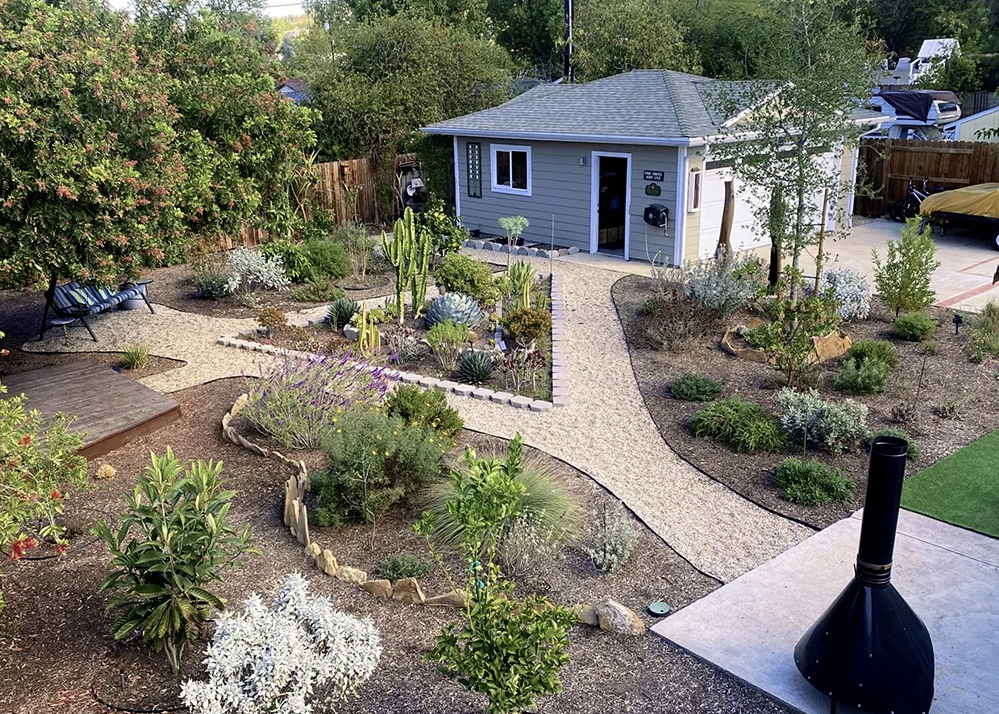 Conejo-Valley-Audubon-Society-Lawns Ashes to Habitat-Homepage An "after" of the Conejo Valley Audubon Society's recipient home of the Lawns to Habitat Grant showing a garden filled with native plants.